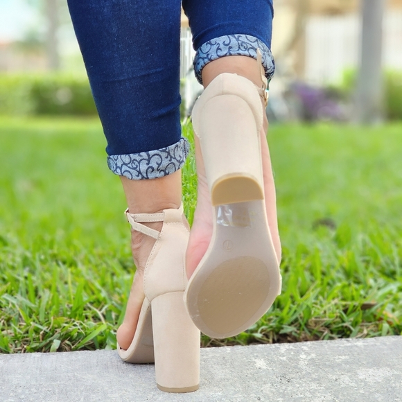 Beige Suede Ankle Strap Block Heel Dress Sandals - Picture 4 of 6